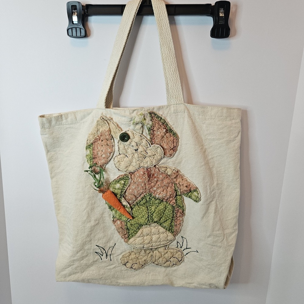 Handmade Quilted Patchwork Applique Rabbit Canvas Bag Boho Vintage Indie Craft
